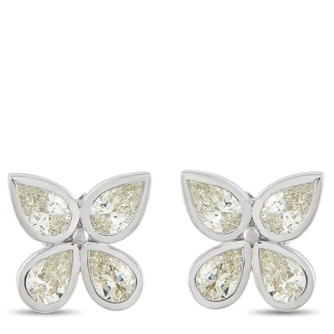 18K WHITE GOLD 2.55CT DIAMOND FOUR-PETAL EARRINGS: A fresh take on classic studs, these earrings form a four-petal motif with pear-cut diamonds set in gleaming bezels. Two diamonds point inward, drawing the eye to the center. The other two stretch out