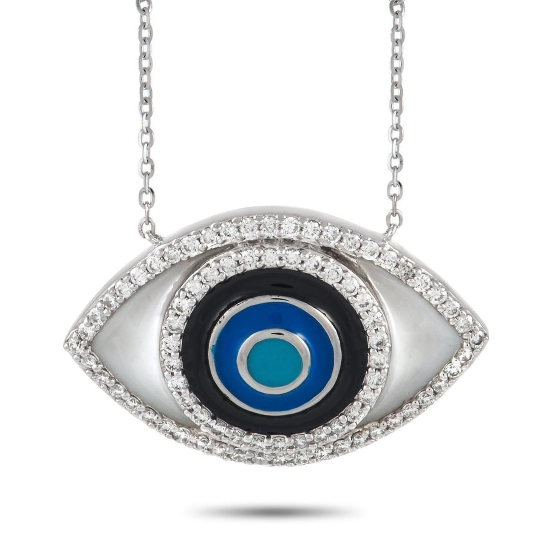 14K WHITE GOLD 0.40 CT DIAMOND EVIL EYE PENDANT NECKLACE: Protect yourself from someone's jealous glare with this 14K White Gold 0.40 ct Diamond Evil Eye Pendant Necklace. Suspending from a 17-inch long chain necklace is a 1x0.65 inch pendant shaped like an