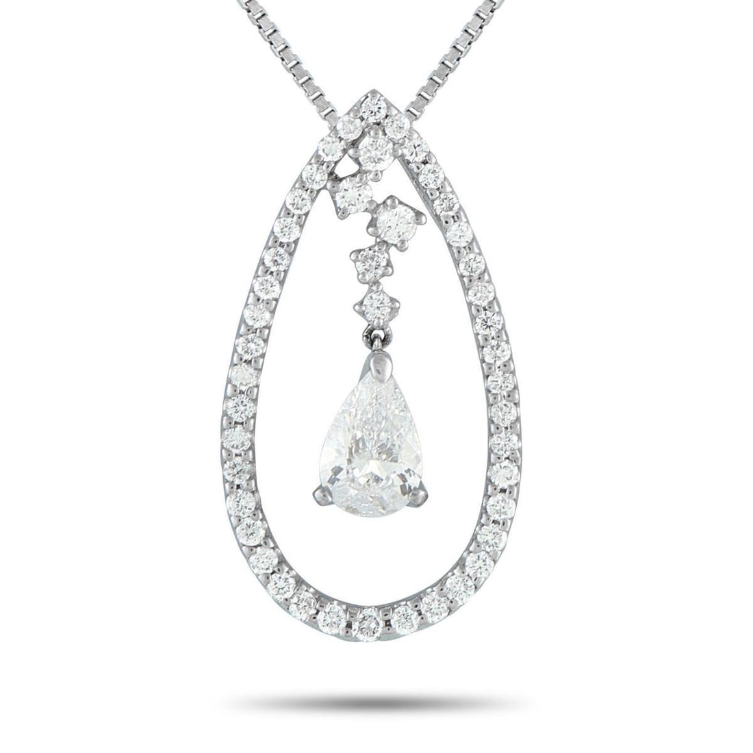 PLATINUM 1.67CT DIAMOND TEARDROP NECKLACE: Seen here is a 1.01-carat pear-cut diamond hanging freely within a teardrop-shaped halo of smaller round diamonds. The soft movement and layers of sparkle give this necklace a charming appeal that's f