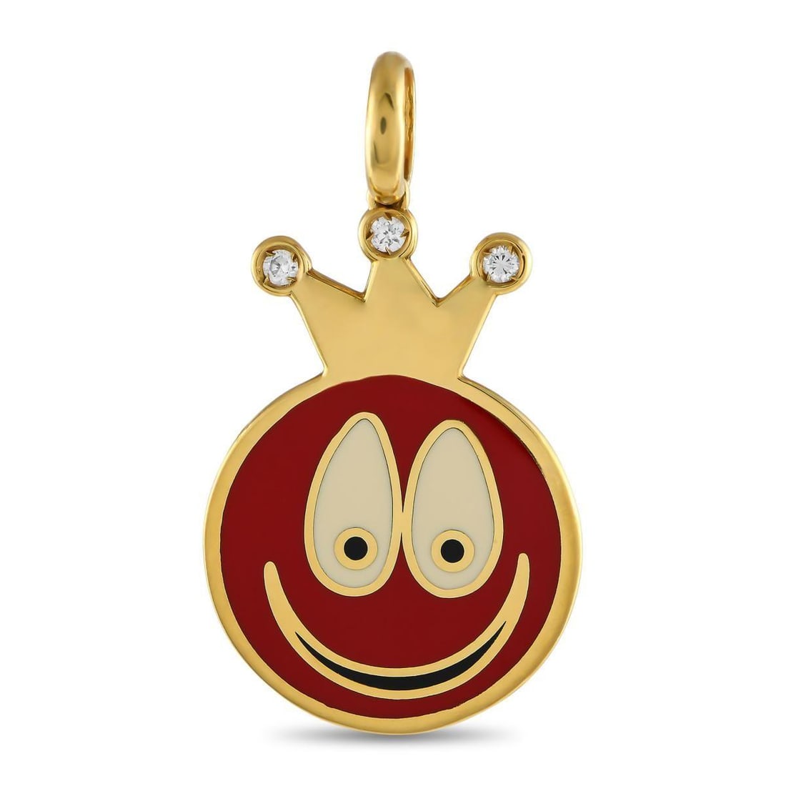 AARON BASHA 18K YELLOW GOLD DIAMOND AND ENAMEL SMILEY FACE CHARM: This Aaron Basha charm is incredibly fun. The smiley face design comes to life thanks to red enamel accents. A trio of round-cut Diamonds also add a touch of luxury to this pieces 18K Yellow Gold crow