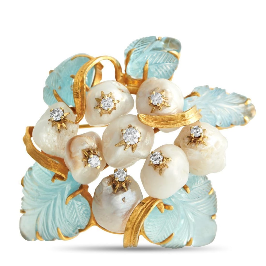 18K YELLOW GOLD 0.68CT DIAMOND AND AQUAMARINE AND PEARL BROOCH: A lush celebration of organic luxury. Like a botanical bouquet, this brooch features a cluster of baroque pearls punctuated by diamonds elevated by dramatic gold prongs. The composition is framed by f