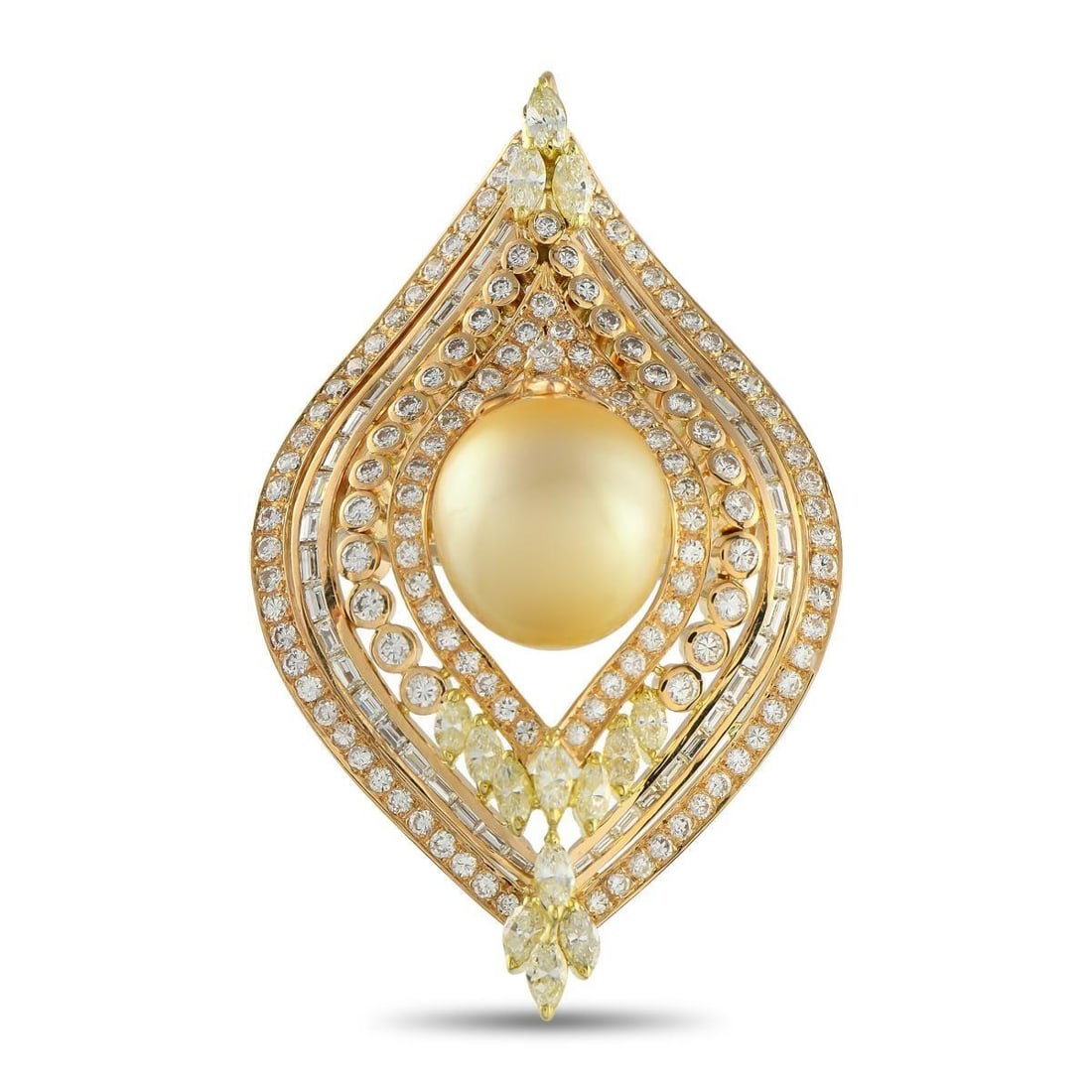 18K YELLOW GOLD 6.96CT DIAMOND AND GOLD PEARL PENDANT: This impeccably crafted pendant exudes vintage elegance. The opulent 18K Yellow Gold setting beautifully showcases an array of sparkling Diamonds with a total weight of 6.96 carats. At the center, a l