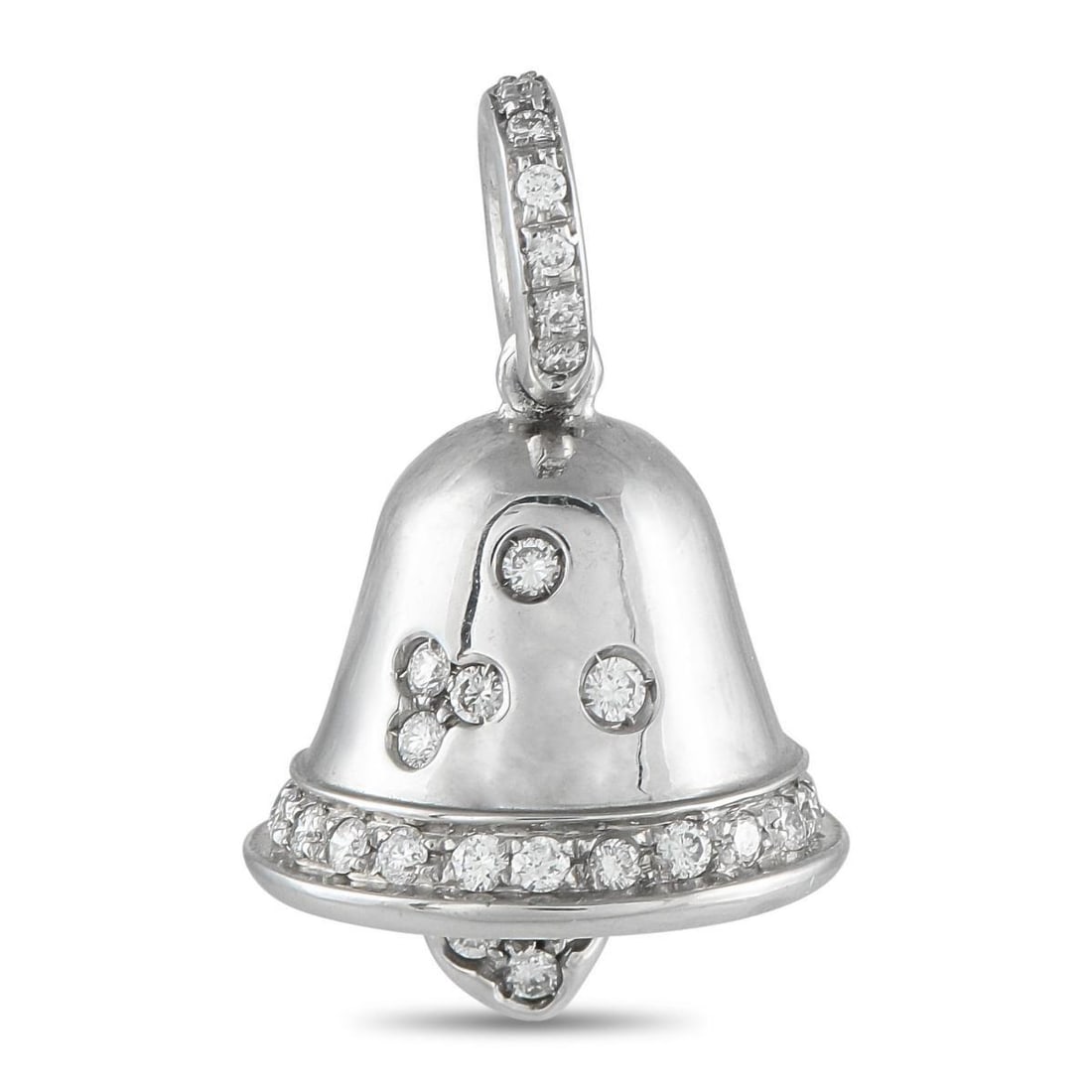 AARON BASHA 18K WHITE GOLD 0.38CT DIAMOND BELL PENDANT: This Aaron Basha Bell Pendant will add a touch of charm to any bracelet or necklace. Accented by inset Diamonds totaling 0.38 carats, the adorable design actually rings thanks to the moveable center p