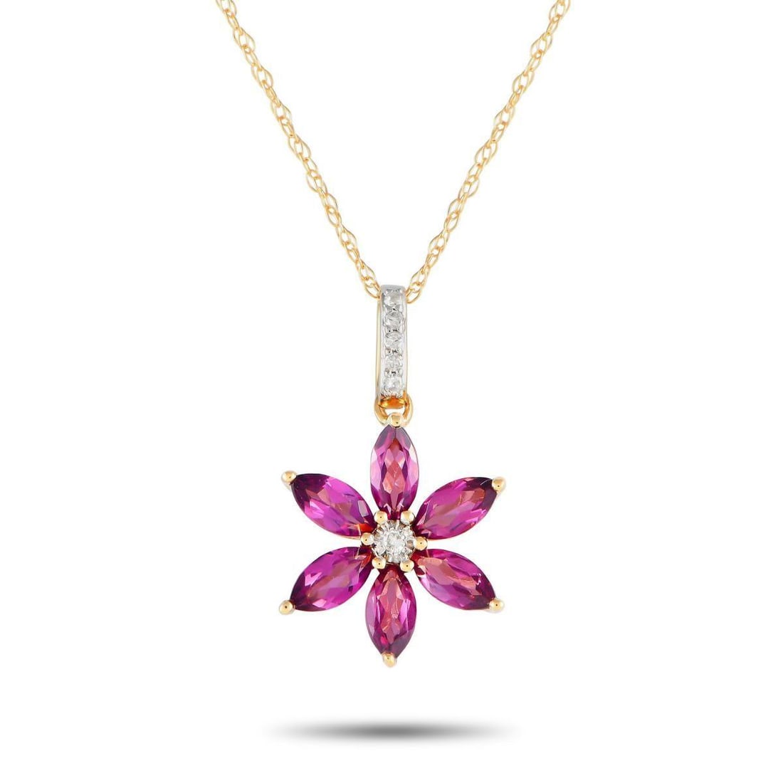 14K YELLOW GOLD 0.01CT DIAMOND AND RHODOLITE FLOWER NECKLACE: Your style is sure to bloom when you wear this diamond and rhodolite floral necklace. This piece in 14K yellow gold features a diamond-traced bail holding a six-petal pendant measuring 0.75 by 0.50. T