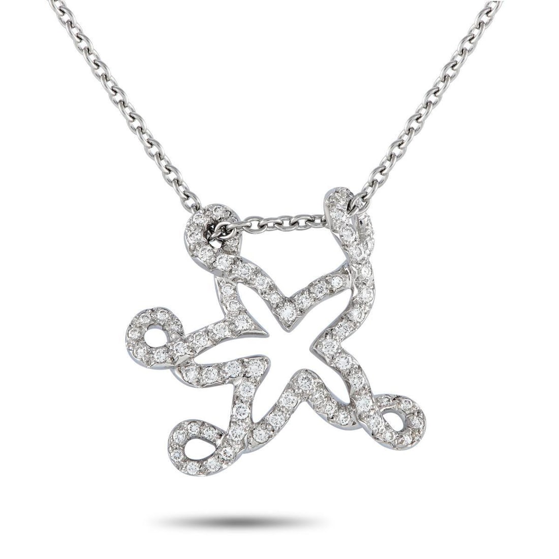 DIOR 18K WHITE GOLD 0.65CT DIAMOND STARFISH NECKLACE: With its whimsical silhouette and captivating yet elegant sparkle, this necklace is bound to be the star of every outfit. This creation by Dior features a 16-long necklace with a spring ring clasp. It