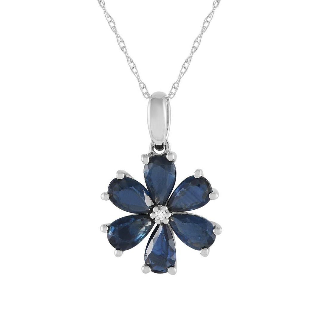 14K WHITE GOLD 0.01CT DIAMOND AND SAPPHIRE FLOWER PENDANT NECKLACE: A floral pendant measuring 0.75 long by 0.50 wide makes this impeccably crafted necklace simply unforgettable. Deep blue sapphire petals elevate the 14K white gold pendant, while a singular 0.01ct dia