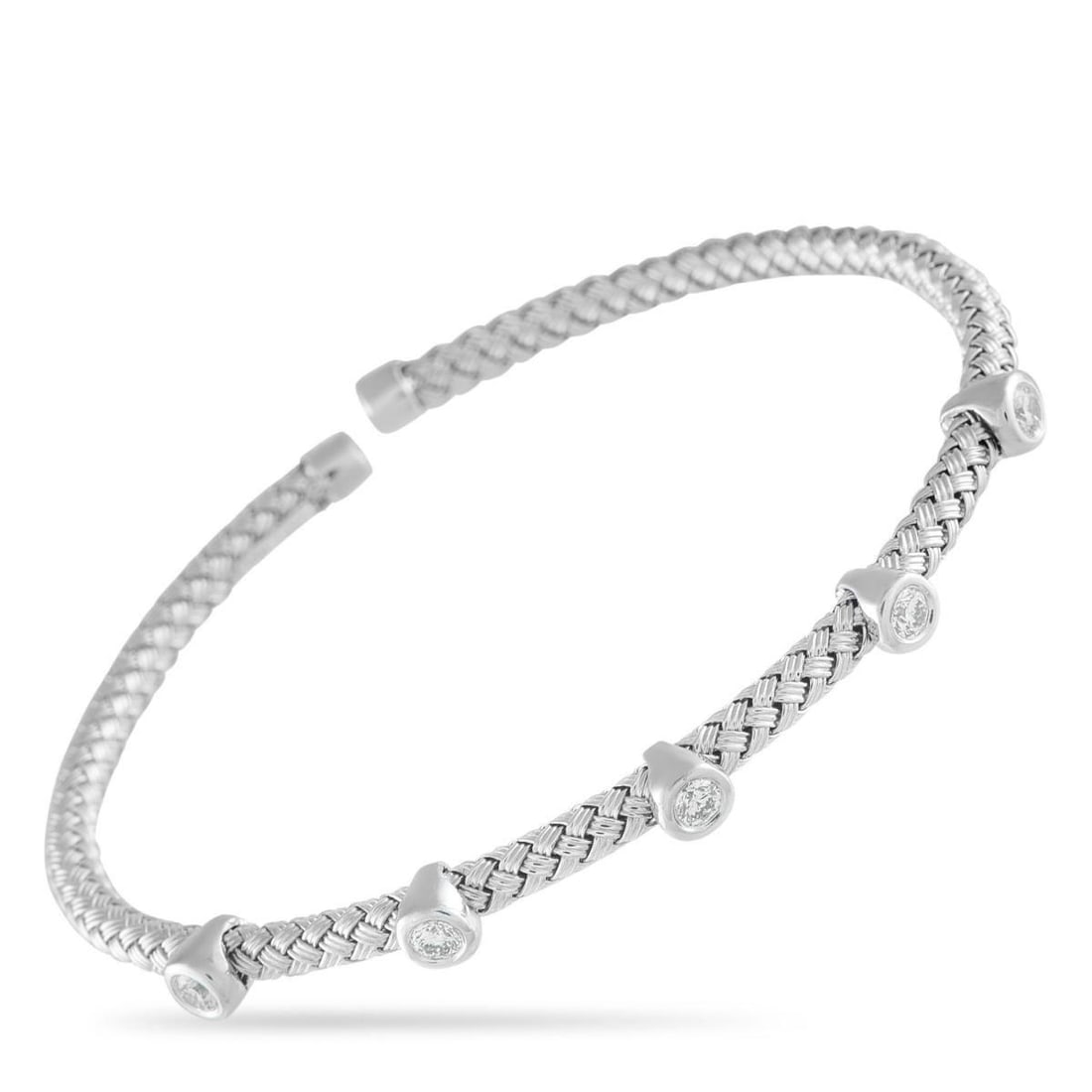 14K WHITE GOLD 0.54CT DIAMOND WOVEN BANGLE BRACELET: Light on the wrist and easy to style, this white gold bangle brings a polished touch to everything. The open bangle features a woven design that gives the piece a handcrafted texture. Five bezel-set d