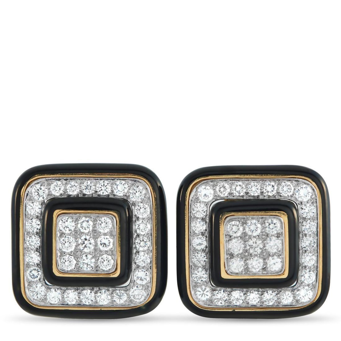 DAVID WEBB PLATINUM AND 18K YELLOW GOLD 3.30CT DIAMOND AND ENAMEL SQUARE EARRINGS: Diamonds, black enamel, and yellow gold form a natural alliance in this pair of clip-ons from David Webb. The brightness of the diamonds gains precision when set in platinum, while yellow gold brings