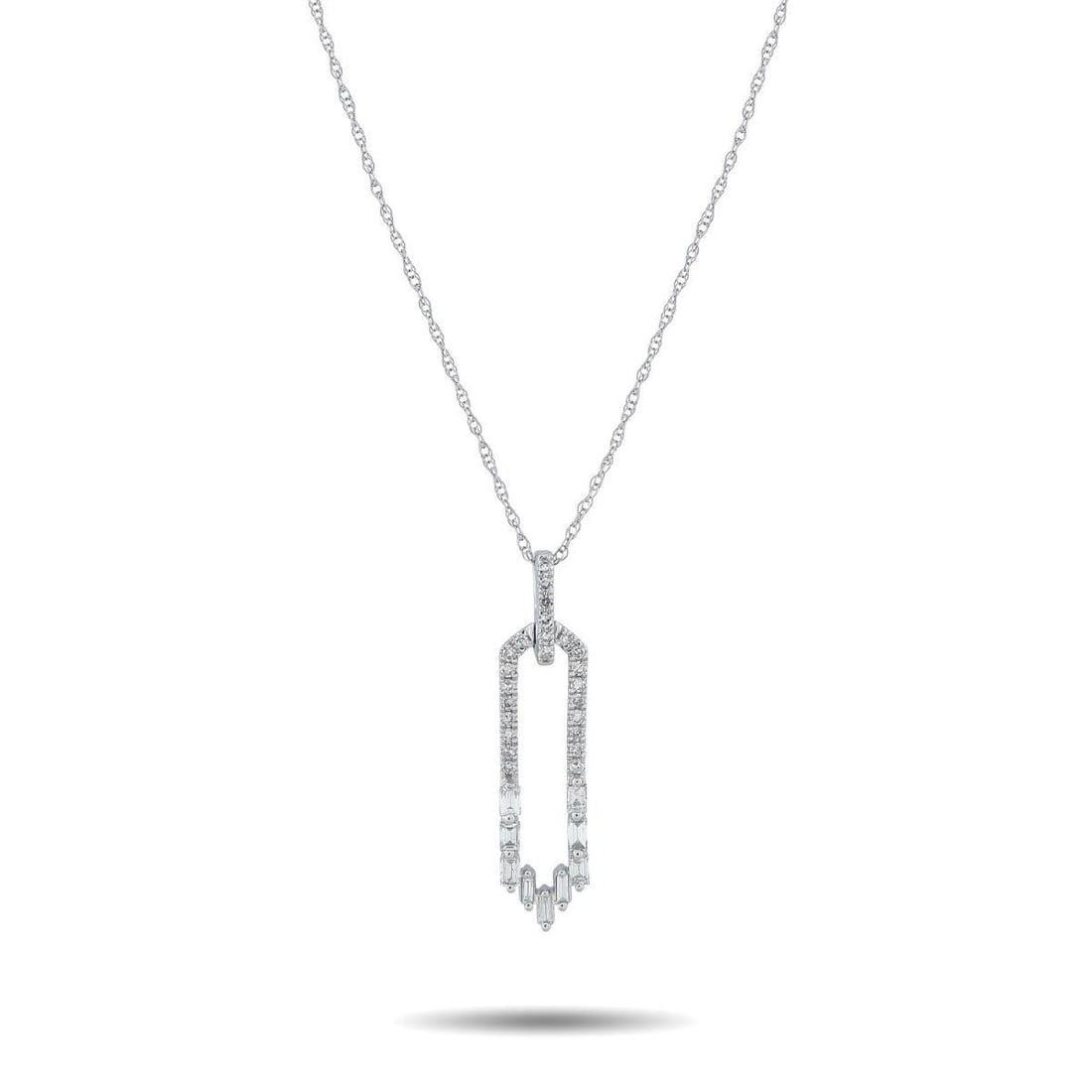 14K WHITE GOLD 0.25CT DIAMOND NECKLACE: Light catches differently at every angle with this 14K white gold necklace. Its diamond-lined bail leads to an elongated, openwork oval pendant with pointed ends. Round diamonds trace the top half,