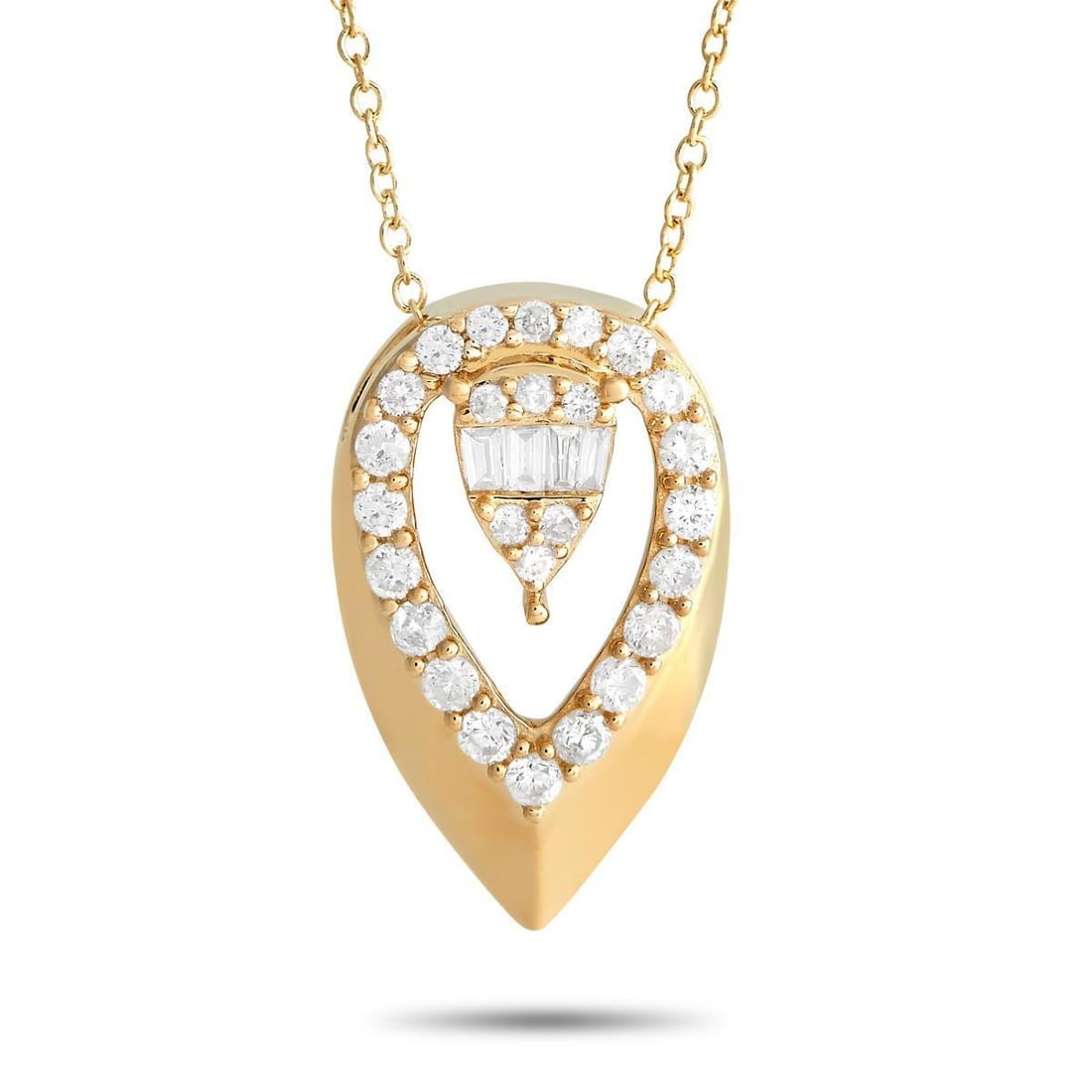 14K YELLOW GOLD 0.30CT DIAMOND TEARDROP NECKLACE: Simple is stunning, and this diamond teardrop necklace proves it. This yellow gold sparkler features a diamond-traced teardrop cut-out pendant measuring less than an inch in size. A smaller pear-shape