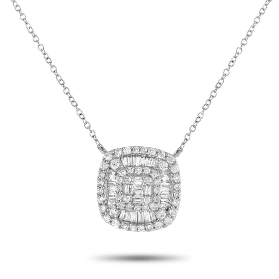 14K WHITE GOLD 0.50CT DIAMOND CUSHION CLUSTER NECKLACE: Diamonds with a total weight of 0.50 carats make a statement on this simple, elegant necklace. Suspended from a 15.5 chain, youll find a 14K White Gold pendant measuring 0.50 round.This jewelry piece