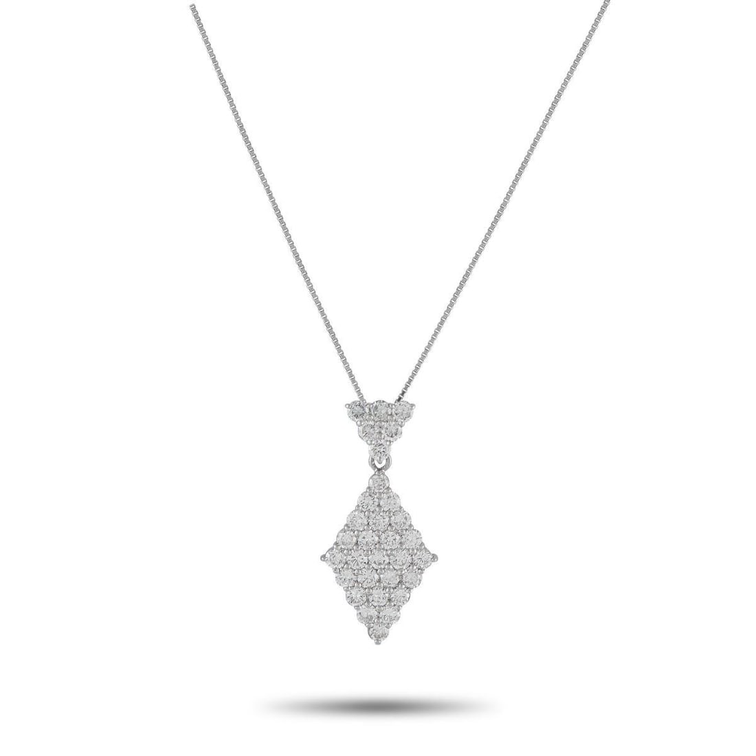 PLATINUM 2.91CT DIAMOND KITE NECKLACE: This piece presents a refined take on geometric elegance. It features a box chain measuring 17.50 inches with a spring ring clasp. The pendant features round brilliant diamonds meticulously arranged t