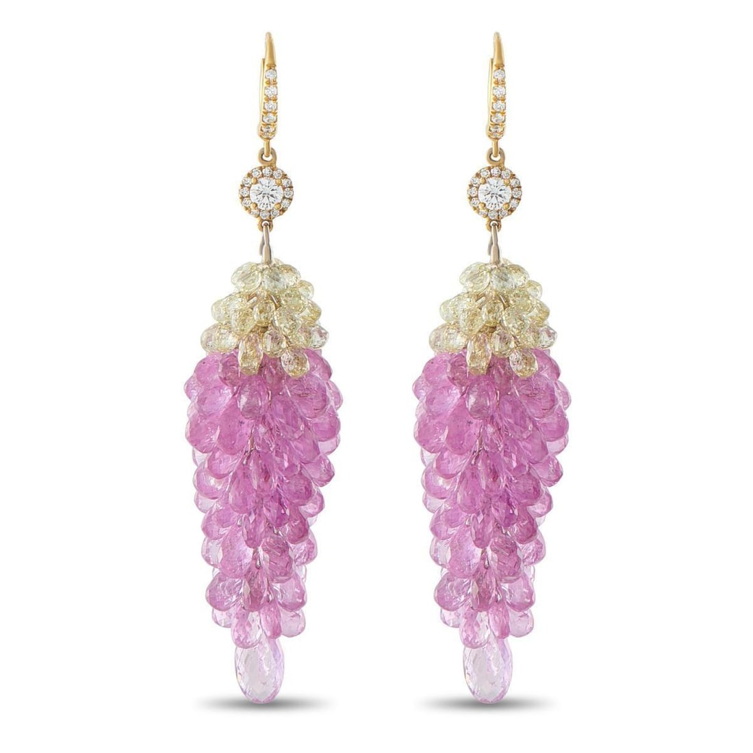 18K YELLOW GOLD 6.60CT DIAMOND AND SAPPHIRE EARRINGS: These luxury earrings are designed to add color, texture, and movement to any ensemble. Clusters of Sapphires totaling 50.0 carats allow these earrings to come alive with color. At the base, sparkling