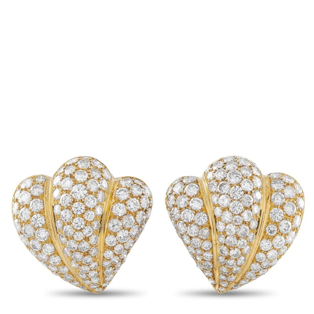18K YELLOW GOLD 8.45CT DIAMOND EARRINGS: With a retro sensibility, these yellow gold shell earrings highlight sculptural form and surface detail. The asymmetrical shell shape scallops along one edge and tapers to a soft point on the other. P