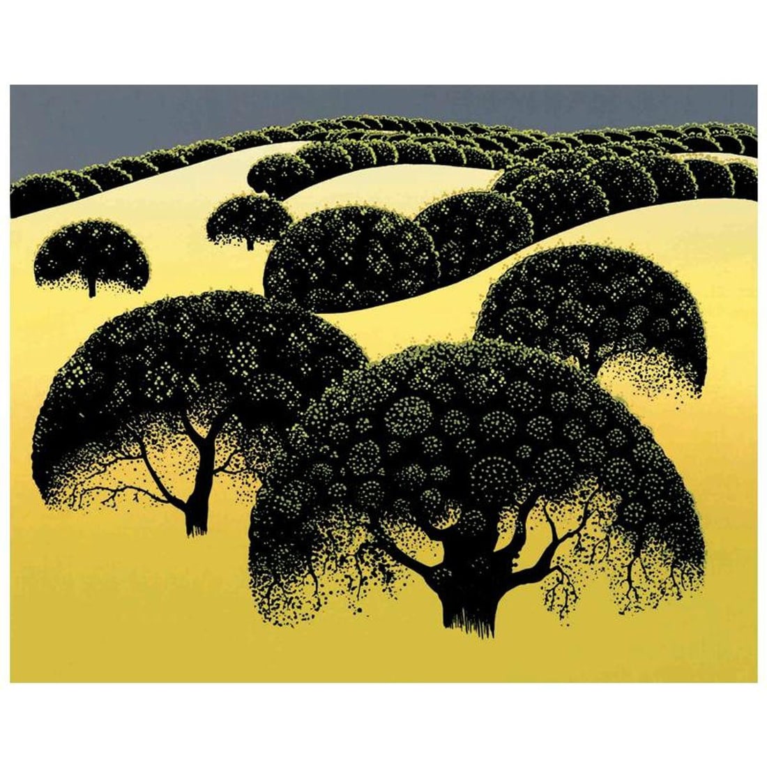 Eyvind Earle (1916-2000), "Santa Ynez Oaks" Limited Edition Serigraph. Hand Signed and Certificate: Santa Ynez Oaks is a limited edition serigraph on paper by Eyvind Earle (1916-2000). The piece is numbered, hand-signed by the artist, and accompanied by a certificate of authenticity. Measures