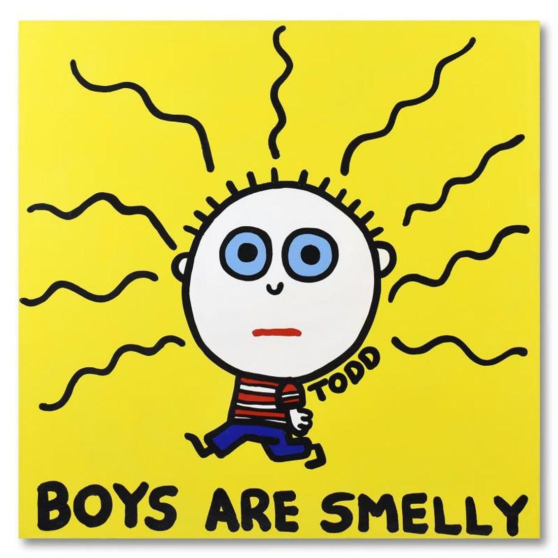 Todd Goldman, "Boys Are Smelly" Original Acrylic Painting on Gallery Wrapped Canvas, Hand Signed: "Boys Are Smelly" is an original acrylic painting on canvas by Todd Goldman, hand signed by the artist. This piece comes gallery wrapped. Includes Letter of Authenticity. Measures approx. 48" x 48"