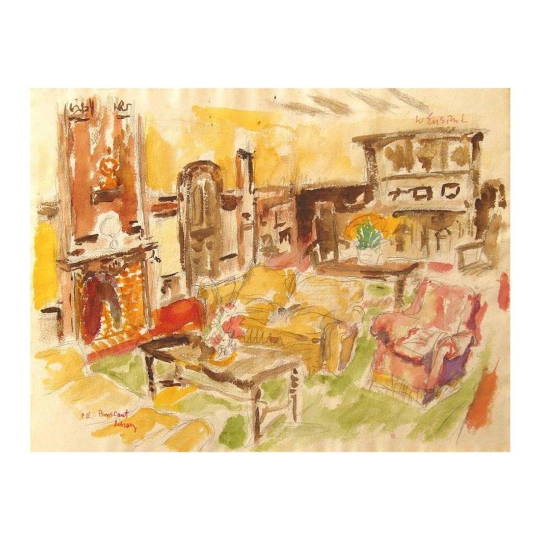 Wayne Ensrud, "The Library of Chateau Bouscaut" Watercolor Original Artwork; Hand Signed; COA (1 of 2)