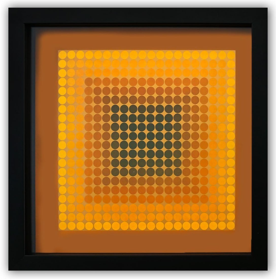 Victor Vasarely- Heliogravure Print "Untitled": Artist: Victor Vasarely. Medium: Heliogravure Print. Title: Untitled. Size: 11" x 11". Measures approx. 12" x 12" (framed). Certificate of Authenticity: Is Included. Additional: Custom Framed.