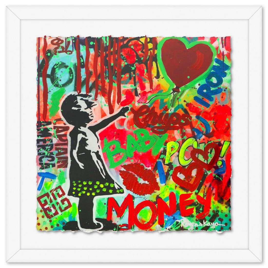 Nastya Rovenskaya- Original Mixed Media on Deckle Edge Paper "The Ballon": Artist: Nastya Rovenskaya. Medium: Original Mixed Media on Deckle Edge Paper. Title: The Ballon. Size: 16" x 16". Measures approx. 22" x 22" (framed). Signature: Hand Signed by the artist.