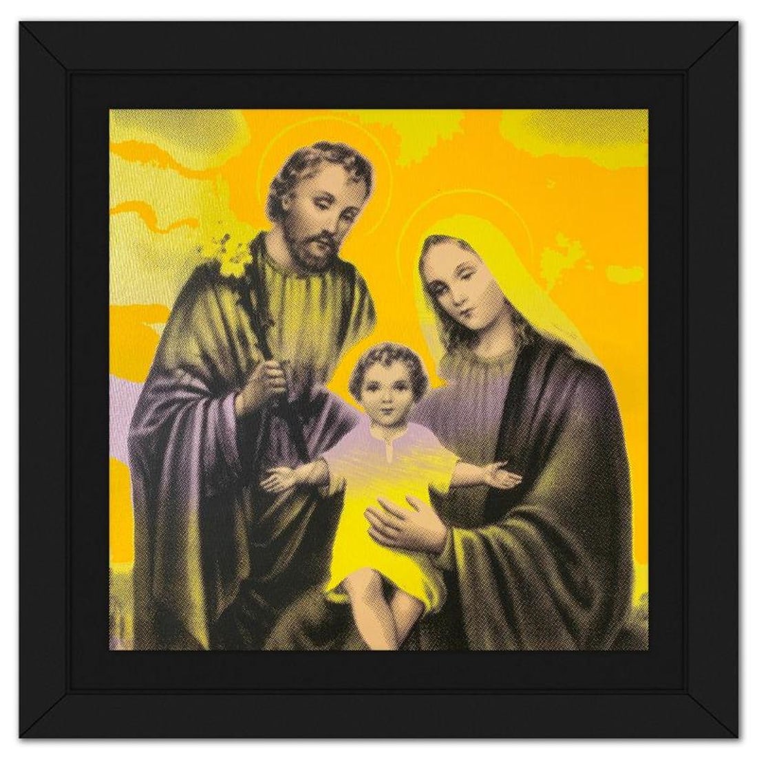 Steve Kaufman (1960-2010), "Mary Joseph and Baby Jesus" Framed Hand Embellished Limited Edition: "Mary Joseph and Baby Jesus" is a hand embellished limited edition silkscreen on canvas by Andy Warhol protege, Steve Kaufman (1960-2010), numbered 11/200 inverso and hand signed by the artist. This