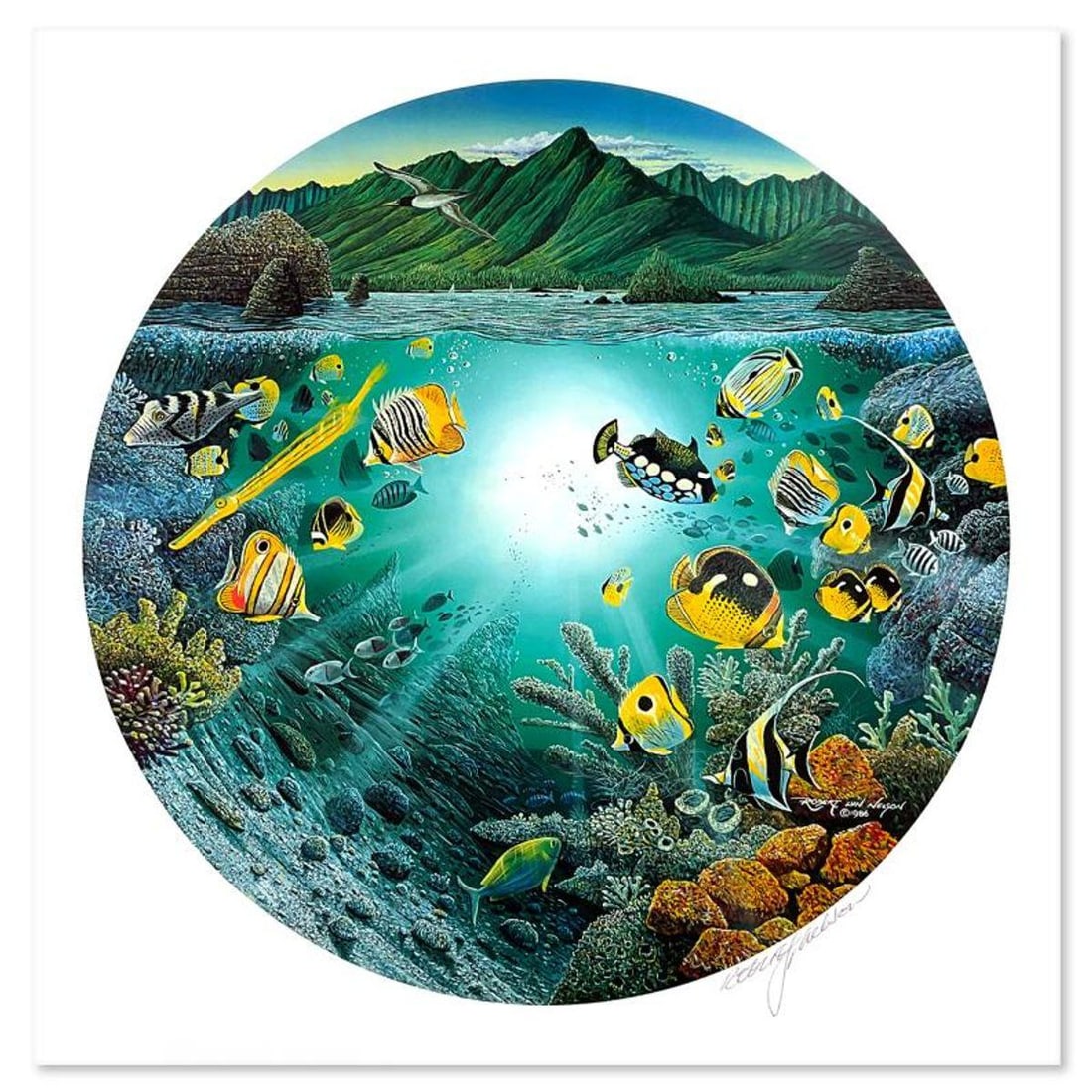 Robert Lyn Nelson, "Menehunes of Hanalei" Limited Edition Mixed Media, Numbered and Hand Signed with: Menehunes of Hanalei is a limited edition mixed media on paper by Robert Lyn Nelson, numbered and hand signed by the artist. Includes Letter of Authenticity. Measures approx. 27.5" x 30" (border),