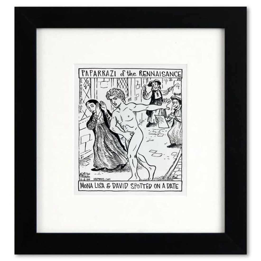 Bizarro, "Mona Lisa and David Paparrazi" is a Framed Original Pen & Ink Drawing by Dan Piraro, Hand: Enter a surreal and satirical world of twisted imagination and award winning creativity. "Mona Lisa and David Paparrazi" is an original pen & ink drawing on paper by Dan Piraro, creator of the critica