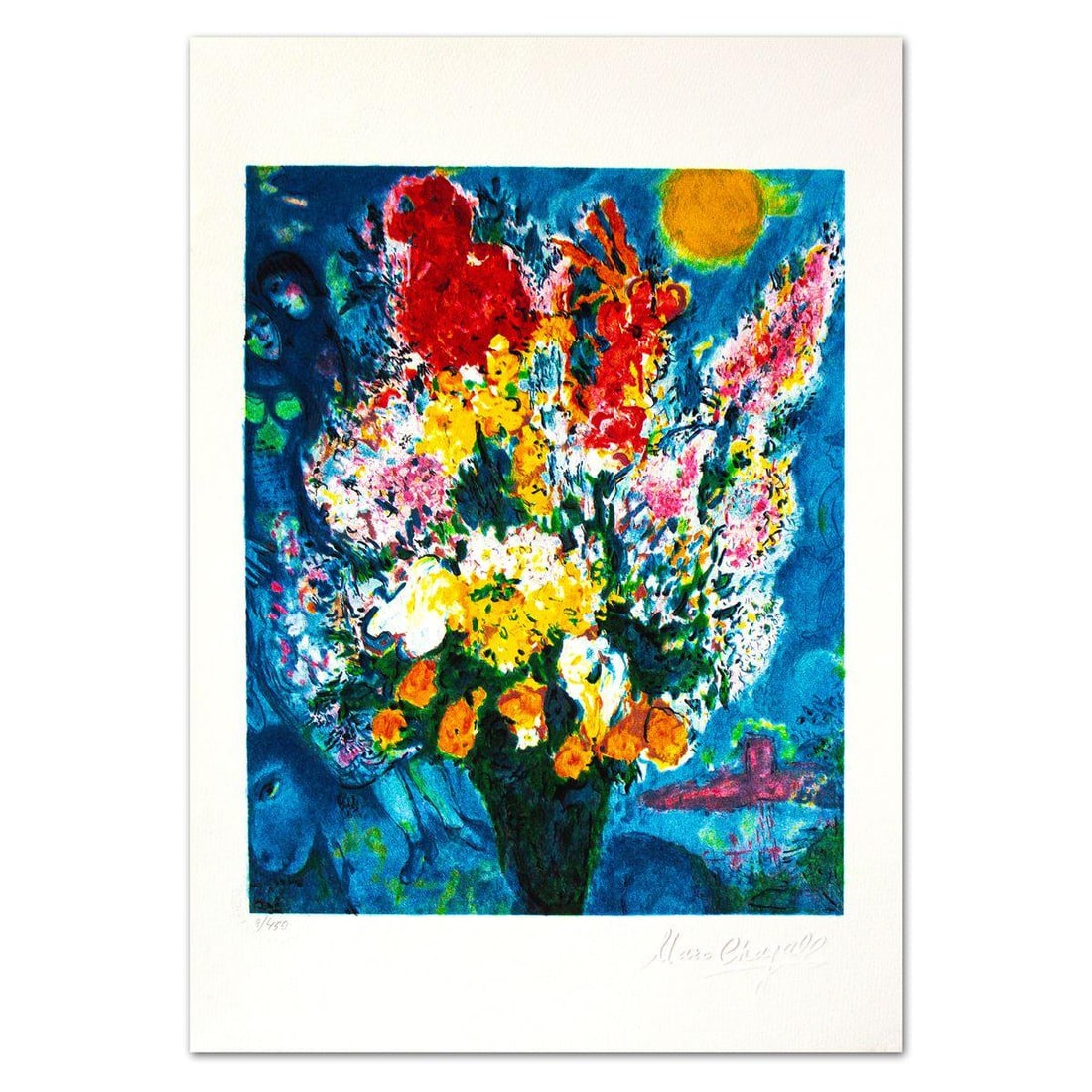 Marc Chagall- Lithograph "Le Bouquet Illuminant Le Ciel": Artist: Marc Chagall. Medium: Lithograph. Title: Le Bouquet Illuminant Le Ciel. Size: 19.5" x 13.5". Signature: Stamp signed and numbered. Certificate of Authenticity: Is included. Additional: Printed