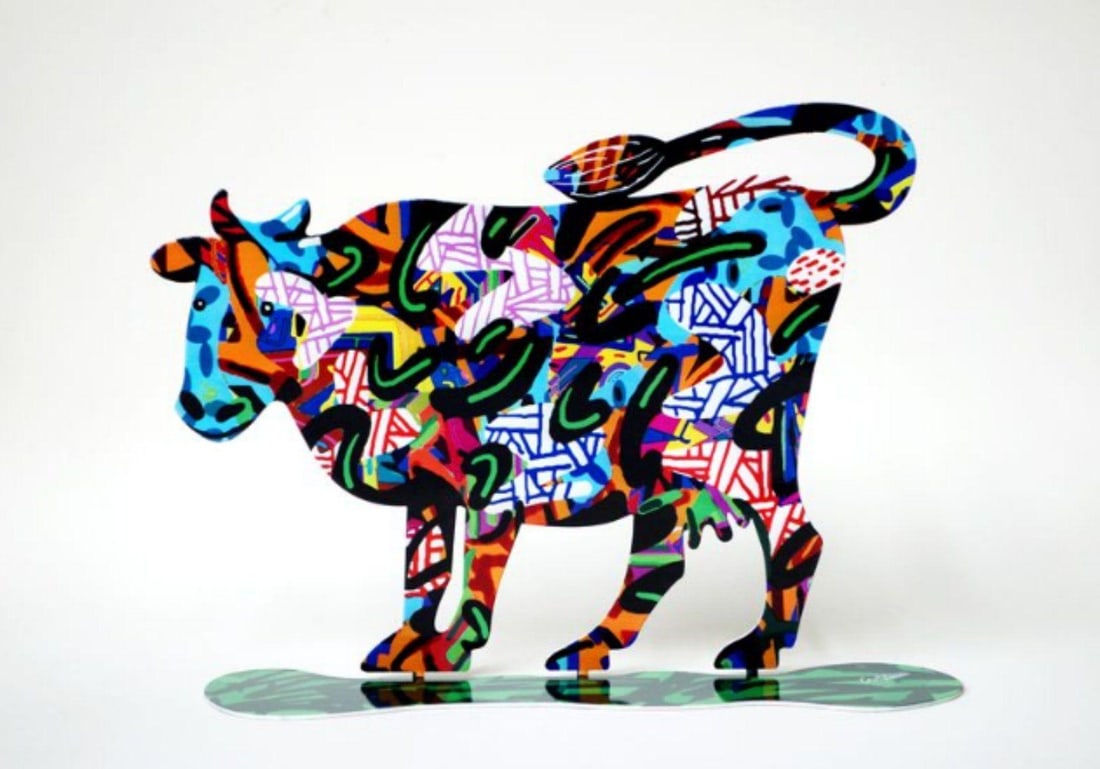 David Gerstein- Free Standing Sculpture "Shalva Cow": Artist: David Gerstein. Medium: Free Standing Sculpture. Title: Shalva Cow. Size: 11" x 14.1". Signature: Signed by the artist. Certificate of Authenticity: Is included. Additional: This piece is