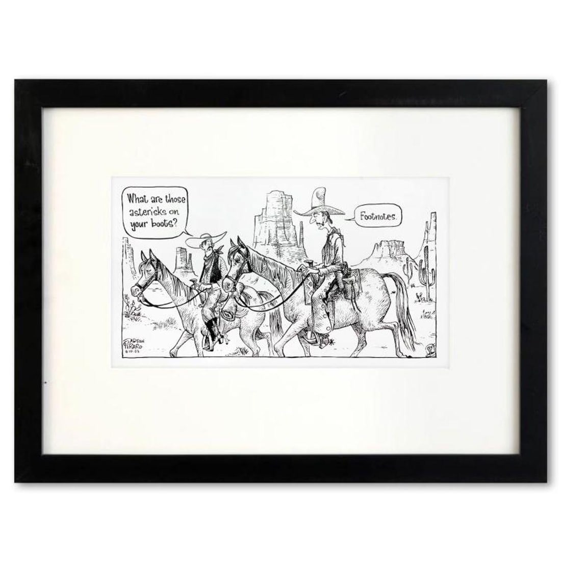 Bizarro, "Footnotes" is a Framed Original Pen & Ink Drawing by Dan Piraro, Hand Signed with Letter: Enter a surreal and satirical world of twisted imagination and award winning creativity. "Footnotes" is an original pen & ink drawing on paper by Dan Piraro, creator of the critically acclaimed and aw