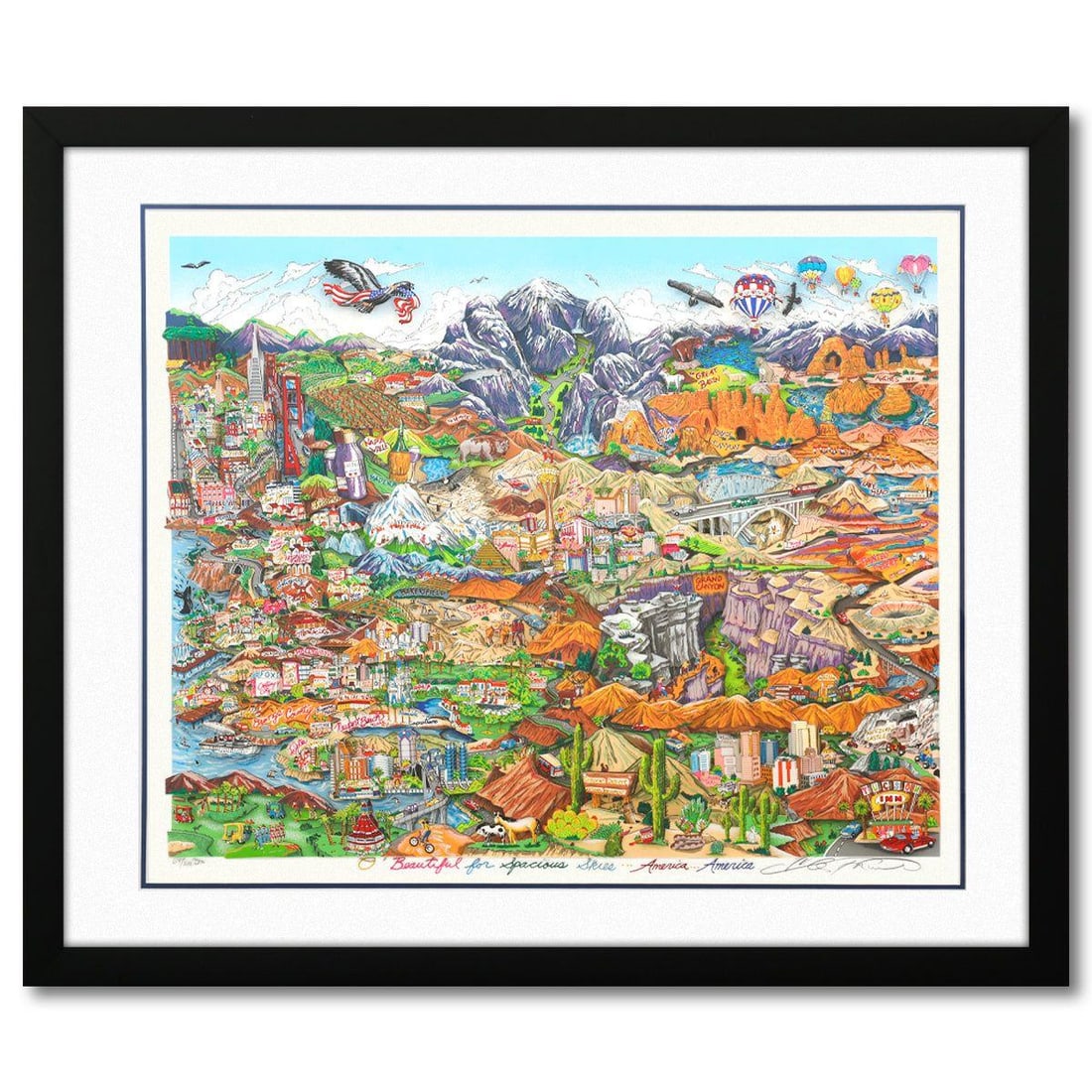 Charles Fazzino- 3D Construction Silkscreen Serigraph "O Beautiful for Spacious: Artist: Charles Fazzino. Medium: 3D Construction Silkscreen Serigraph. Title: O Beautiful for Spacious Skies...America...America. Size: 26" x 32". Measures approx. 34" x 41" (framed). Signature: Hand