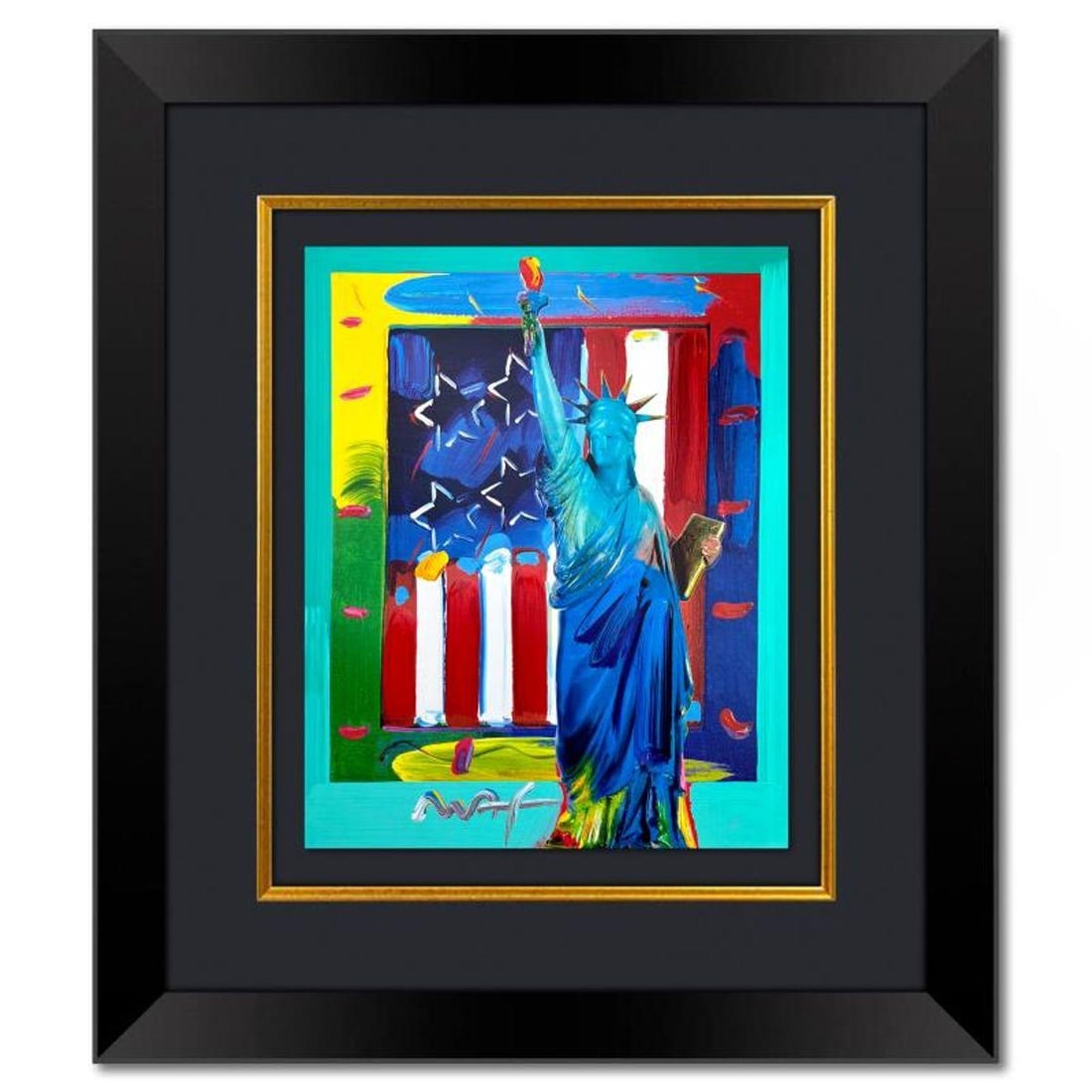 Peter Max, "Full Liberty with Flag" Framed One-of-a-Kind Mixed Media, Hand Signed with Registration: "Full Liberty with Flag" is a one-of-a-kind mixed media on paper, hand signed by Peter Max. The piece comes custom framed with a backside cutout to display Peter Max Studio registration number 213698