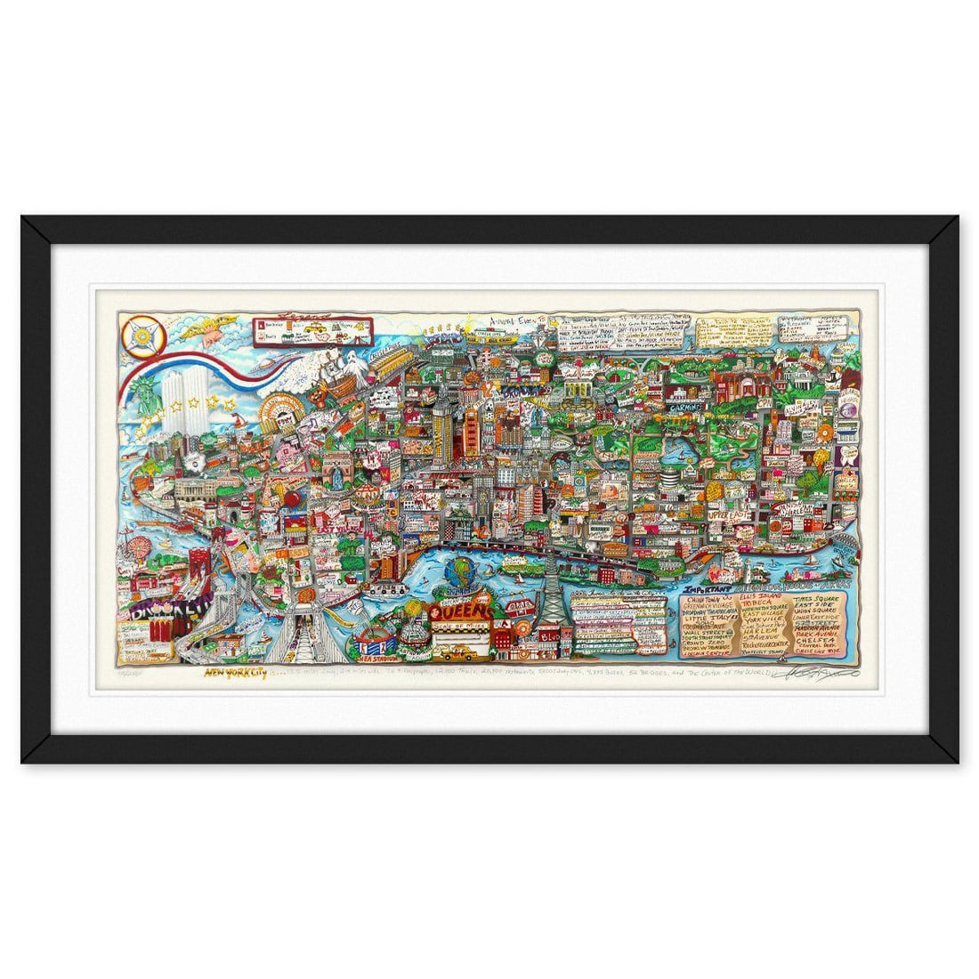 Charles Fazzino- 3D Construction Silkscreen Serigraph "NEW YORK IS": Artist: Charles Fazzino. Medium: 3D Construction Silkscreen Serigraph. Title: NEW YORK IS. Size: 22" x 42". Measures approx. 30" x 51" (framed). Signature: Hand signed and numbered by the artist. Cert