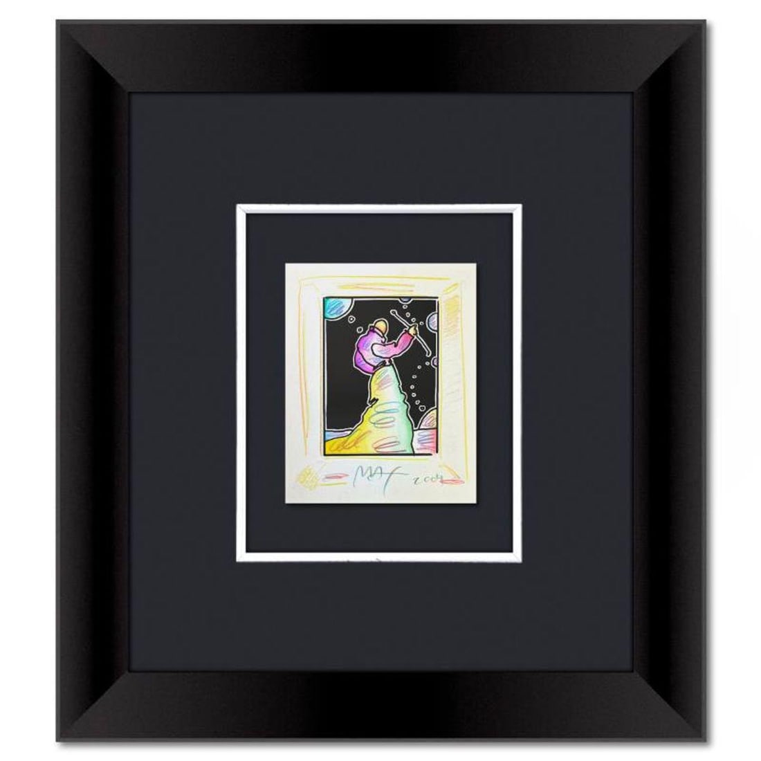 Peter Max, "Sage with Cane" Framed One-of-a-Kind Mixed Media, Hand Signed with Registration Number: "Sage with Cane" is a one-of-a-kind mixed media on paper, hand signed by Peter Max. The piece comes custom framed with a backside cutout to display Peter Max Studio registration number 339931 certifyi