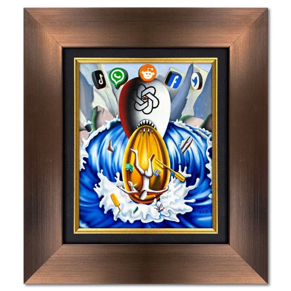 Mark Kostabi, "Media Monsters" Framed Original Oil Painting on Canvas, Hand Signed with Letter of: "Media Monsters" is an original oil painting on canvas by Mark Kostabi, hand signed by the artist. This piece comes framed. Includes Certificate of Authenticity. Measures approx. 22" x 20" (frame), 12