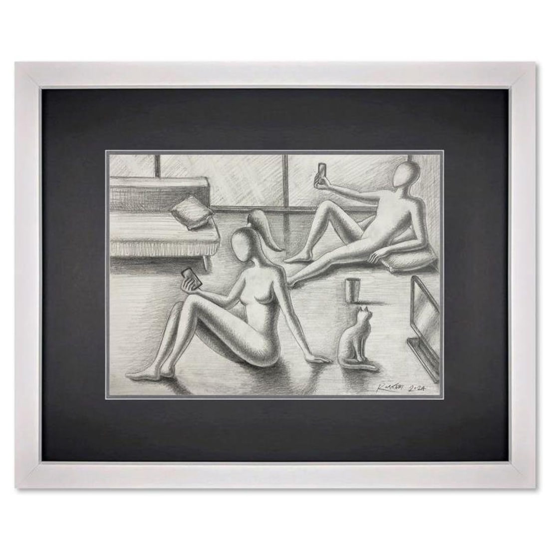 Mark Kostabi, "Always Together" Framed Original Drawing on Paper, Hand Signed with Certificate of (1 of 3)