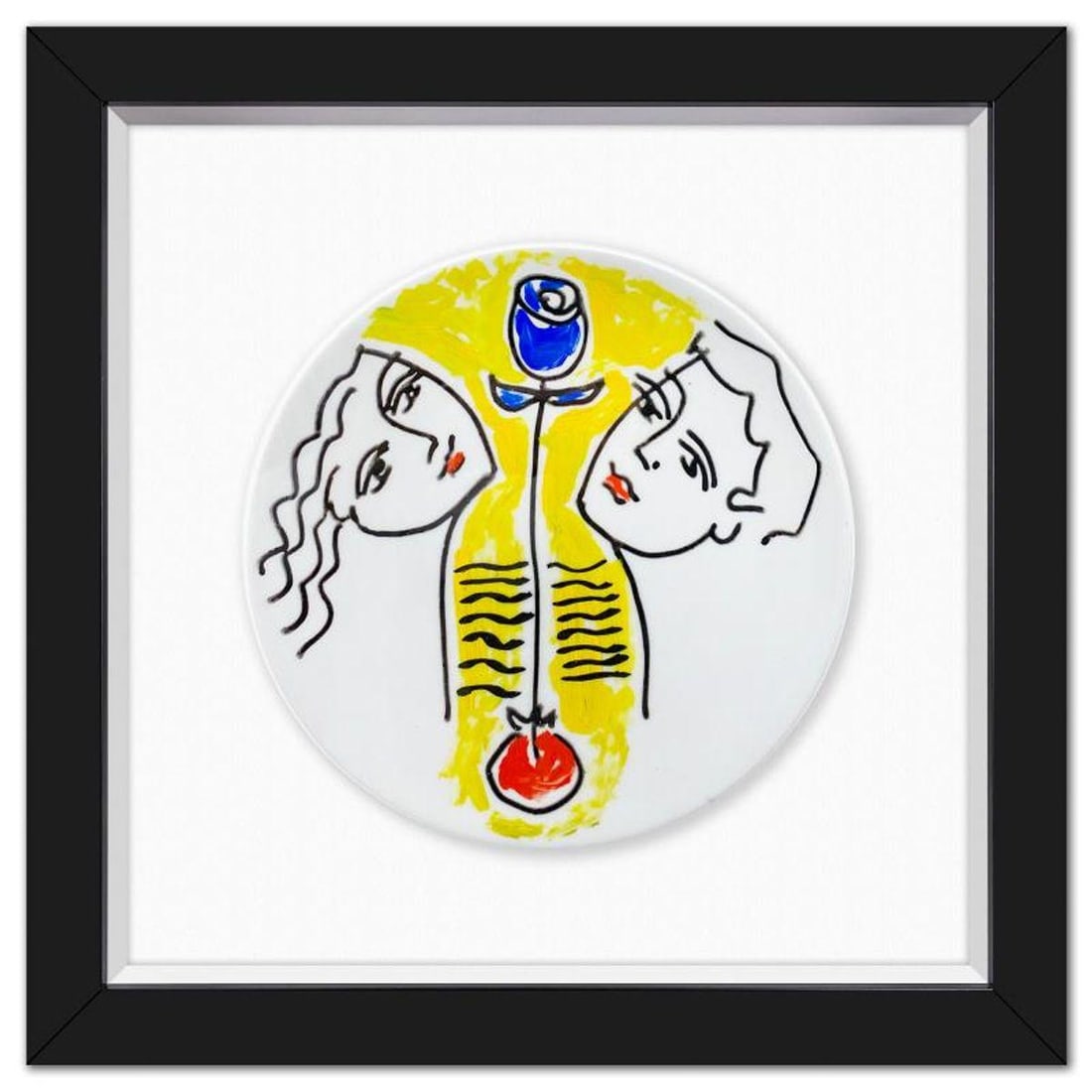 Yuroz, Framed Hand Painted Ceramic Plate, Hand Signed with Letter of Authenticity.: This is a hand painted ceramic plate by Yuroz, hand signed by the artist. This piece comes custom framed floated on linen. Includes Letter of Authenticity. Measures approx. 14" x 14" (frame), 8.5" (di