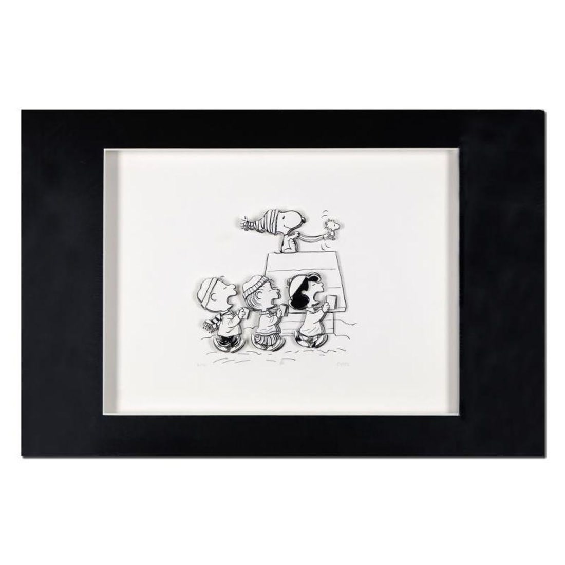 Peanuts, "Caroling Crew" Hand Numbered Limited Edition 3D Decoupage with Certificate of: Created from the original artwork archived at the studio, "Caroling Crew" portrays the simple yet emotive art of Charles. M. Schulz, creator of PEANUTS. This 3D decoupage print on paper is hand number