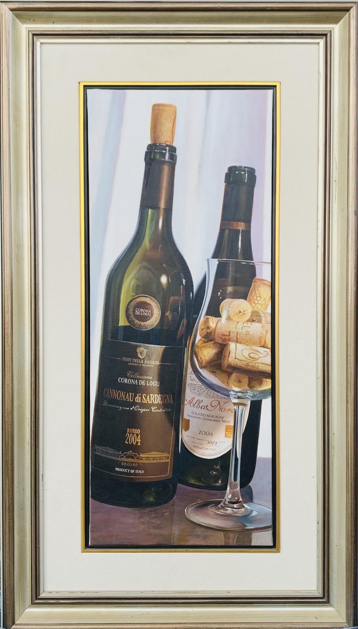 E. Dennis - Original painting on canvas "Wine Bottles ": Artist: E. Dennis . Medium: Original painting on canvas . Title: Wine Bottles . Measures approx. 24" x 42" (framed). Reference#: 28361.
