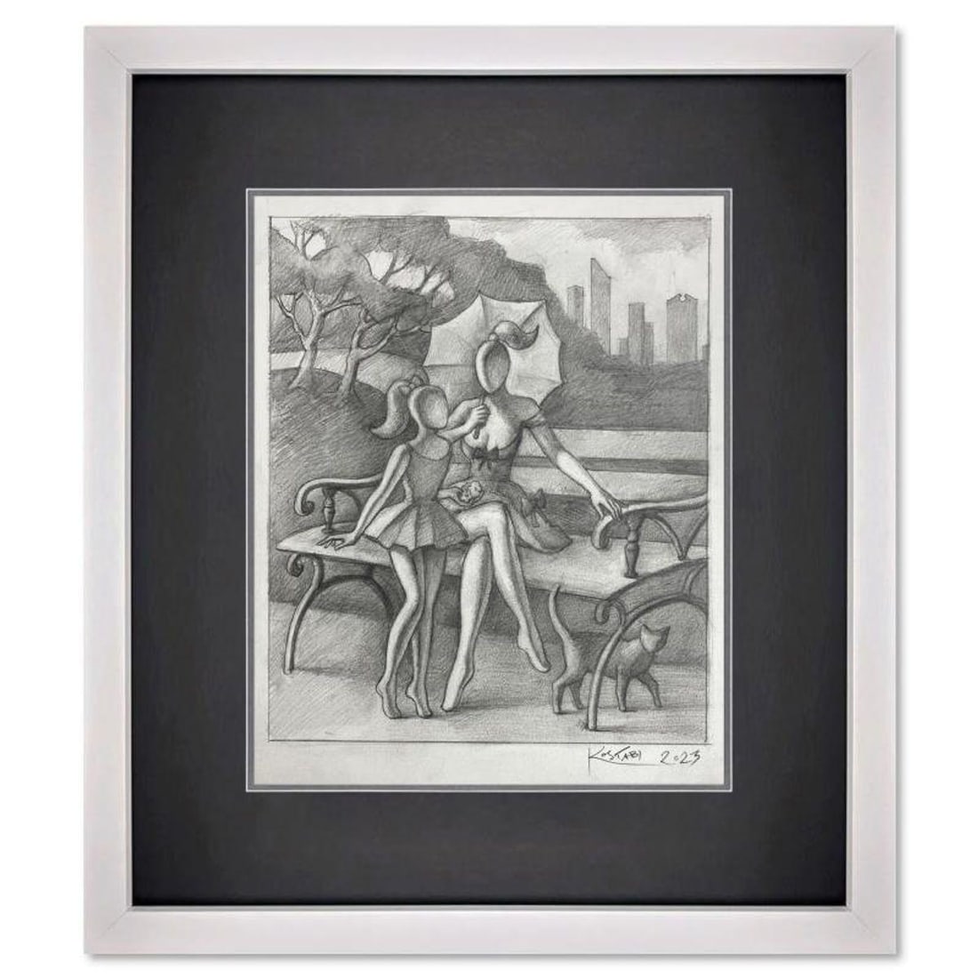 Mark Kostabi, "Metropolitan Reverie" Framed Original Drawing on Paper, Hand Signed with Certificate: "Metropolitan Reverie" is an original drawing on paper by Mark Kostabi, hand signed by the artist. This piece comes custom framed. Includes Certificate of Authenticity. Measures approx. 19" x 17"