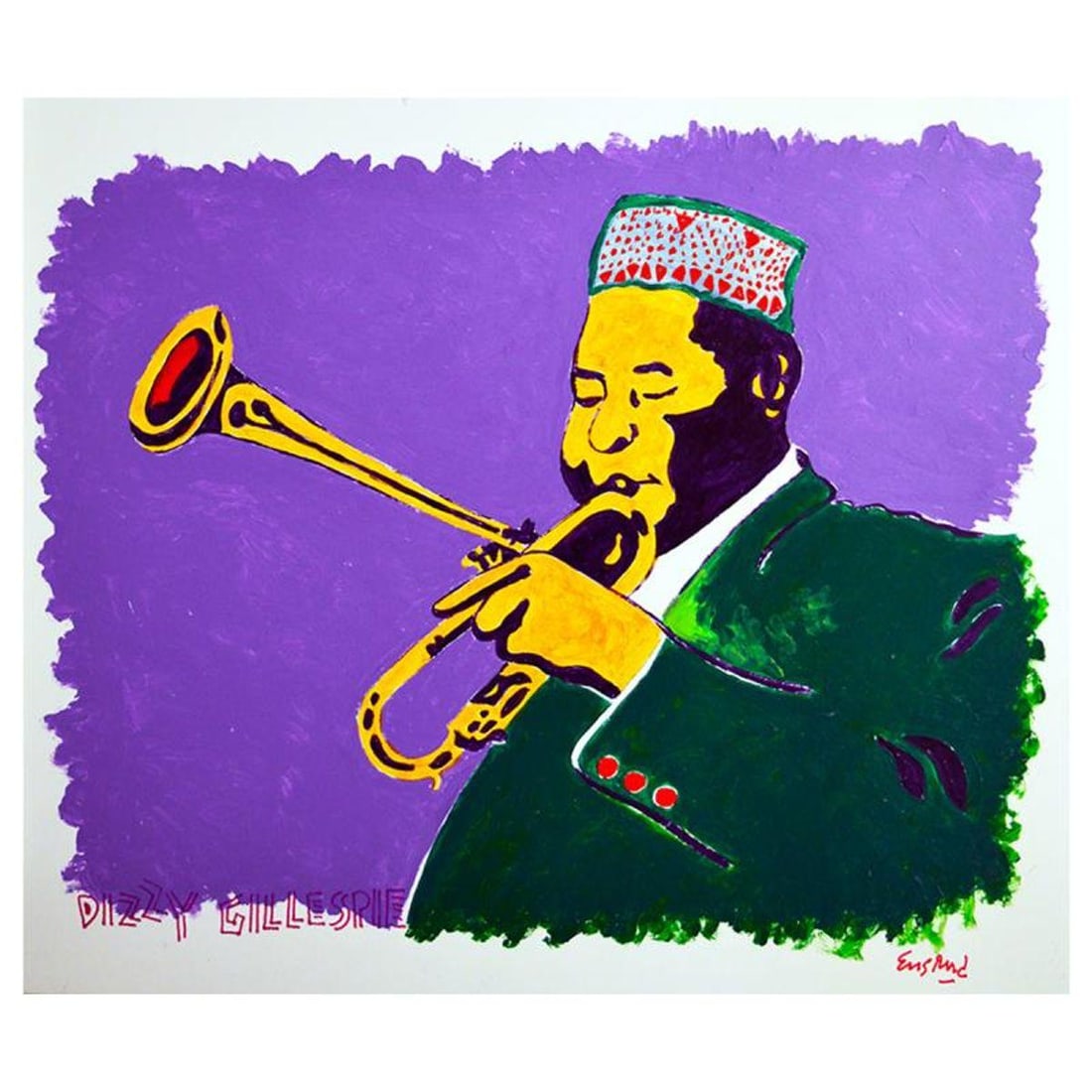 Wayne Ensrud, "Dizzy Gillespie" Hand Signed Original Painting with Letter of Authenticity.: "Dizzy Gillespie" is an original painting, acrylic on board by Wayne Ensrud. The piece is hand signed by the artist and comes with a Letter of Authenticity. Measures approximately 17" x 20".
