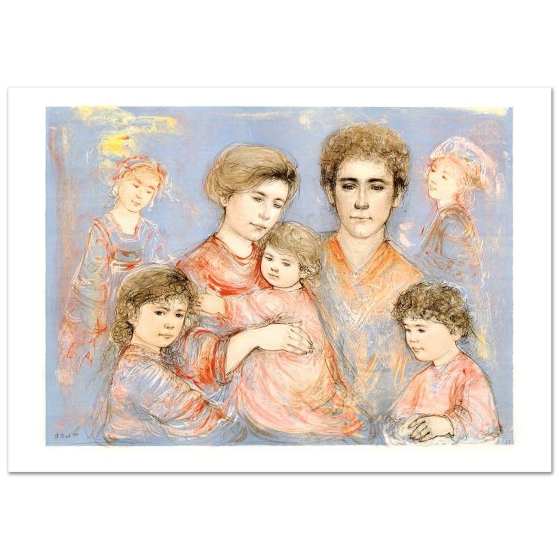 Michael's Family Limited Edition Lithograph (36" x 26") by Edna Hibel (1917-2014), Numbered and Hand: Michael's Family is a limited edition lithograph on paper, numbered and hand signed by Edna Hibel (1917-2014). Includes Certificate of Authenticity! Measures approx. 42" x 30" (with border), 36" x