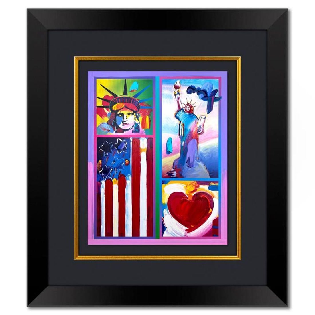 Peter Max, "2 Liberties, Flag and Heart" Framed One-of-a-Kind Mixed Media, Hand Signed with: "2 Liberties, Flag and Heart" is a one-of-a-kind mixed media on paper, hand signed by Peter Max. The piece comes custom framed with a backside cutout to display Peter Max Studio registration number 28