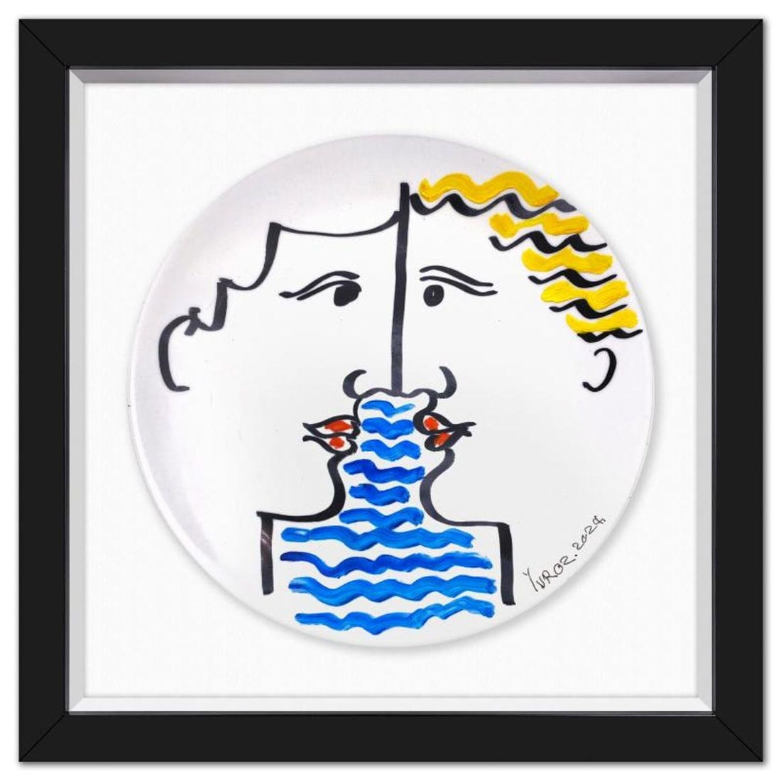 Yuroz, Framed Hand Painted Ceramic Plate, Hand Signed with Letter of Authenticity.: This is a hand painted ceramic plate by Yuroz, hand signed by the artist. This piece comes custom framed floated on linen. Includes Letter of Authenticity. Measures approx. 15.5" x 16" (frame), 11" (d