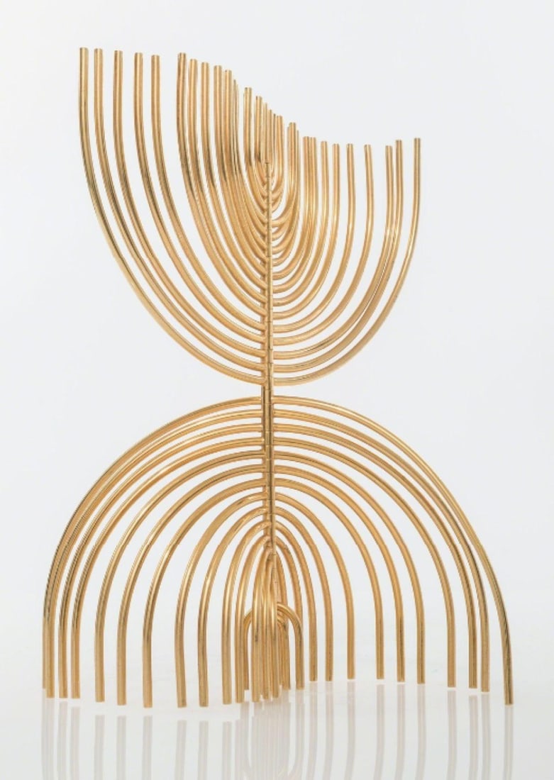 Yaacov Agam- 24-Karat gold-plated brass moveable multiple "Menorah": Artist: Yaacov Agam. Medium: 24-Karat gold-plated brass moveable multiple. Title: Menorah. Size: 8.5" x 6.5". Signature: Signed and Numbered by the artist. Certificate of Authenticity: Is included.