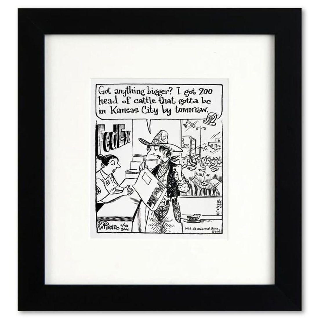 Bizarro, "Cattle Shipper" is a Framed Original Pen & Ink Drawing by Dan Piraro, Hand Signed with: Enter a surreal and satirical world of twisted imagination and award winning creativity. "Cattle Shipper" is an original pen & ink drawing on paper by Dan Piraro, creator of the critically acclaimed a
