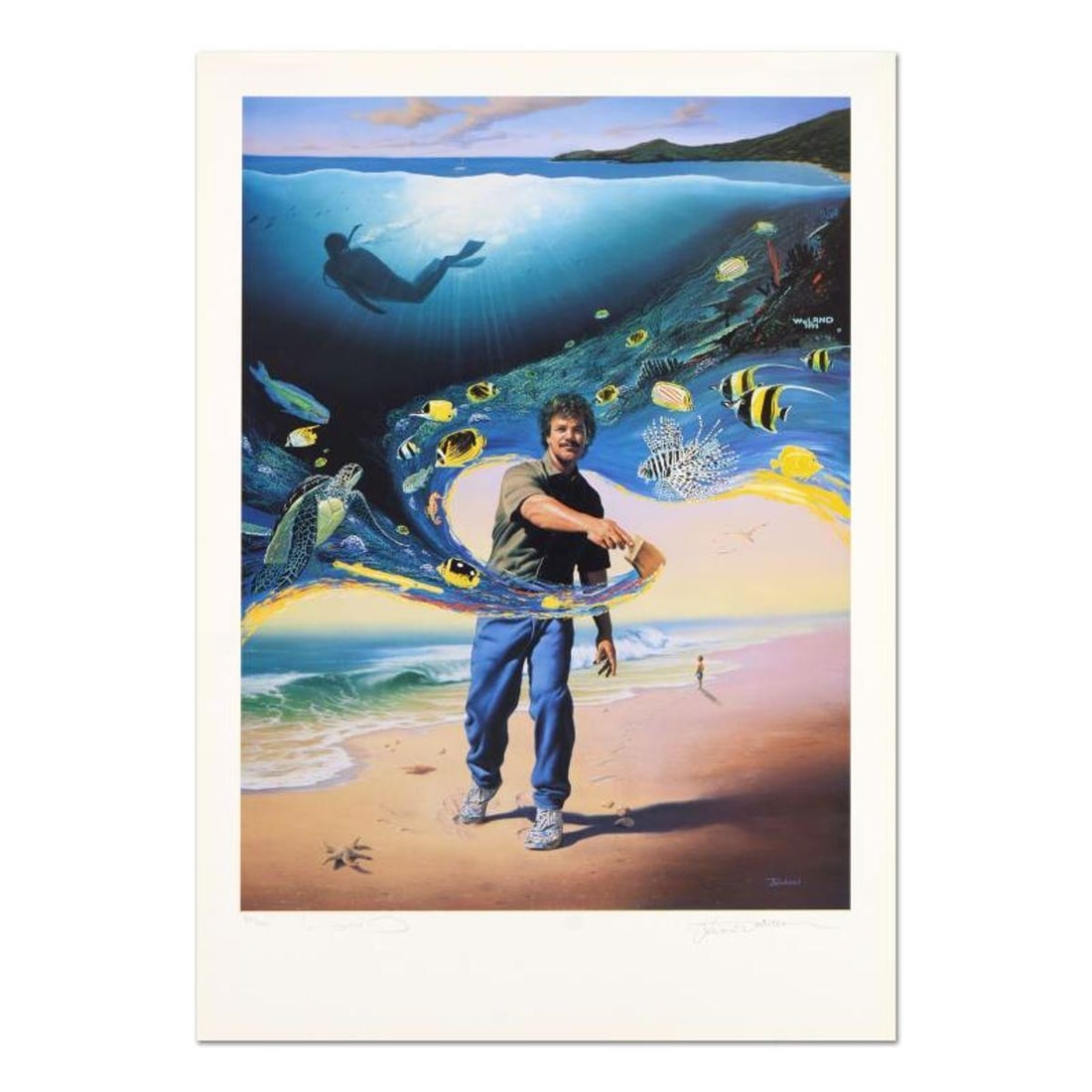 Another Day At the Office Limited Edition Lithograph, Numbered and Hand Signed by Wyland and Jim: Another Day at the Office is a limited edition lithograph on paper by Wyland and Jim Warren, numbered and hand signed by botgh artists. Includes Certificate of Authenticity. Combined pieces measure ap
