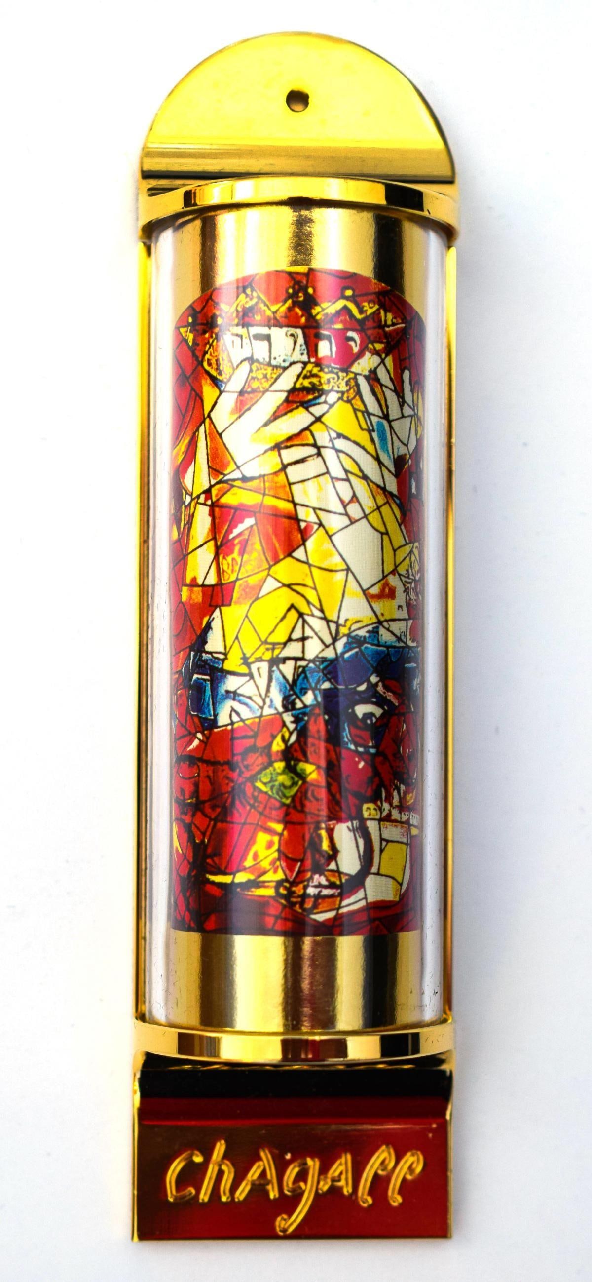 Marc Chagall- Mezuzah - silkscreen on 24K gold plated bronze "12 Tribes Hadassah Windows - Judah": Artist: Marc Chagall. Medium: Mezuzah - silkscreen on 24K gold plated bronze. Title: 12 Tribes Hadassah Windows - Judah. Size: 5" x 1.5". Reference#: 15774.