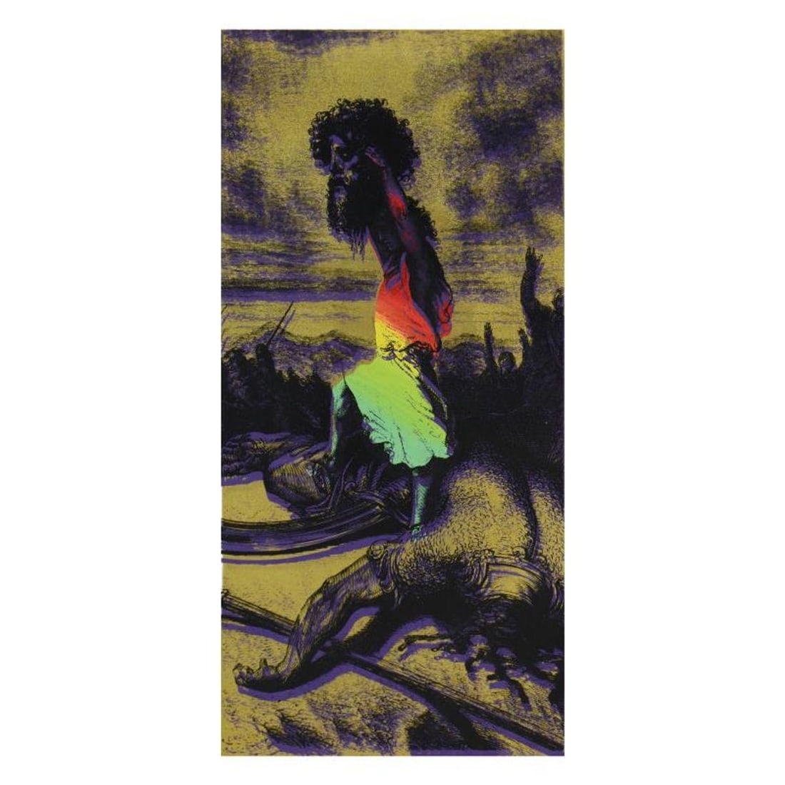 Steve Kaufman (1960-2010), "David and Goliath Gold" Hand Embellished Limited Edition Silkscreen on: "David and Goliath Gold" is a hand embellished limited edition silkscreen on canvas by Andy Warhol protege Steve Kaufman (1960-2010). This piece is numbered 4/200 and hand signed inverso. Includes Cer