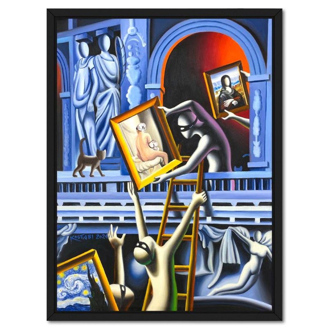 Mark Kostabi, "Masterpiece in Motion" Framed Original Oil Painting on Canvas, Hand Signed with a: "Masterpiece in Motion"is an original oil painting on canvas by Mark Kostabi, hand signed by the artist. This piece comes custom framed. Includes Certificate of Authenticity. Measures approx. 27" x 21