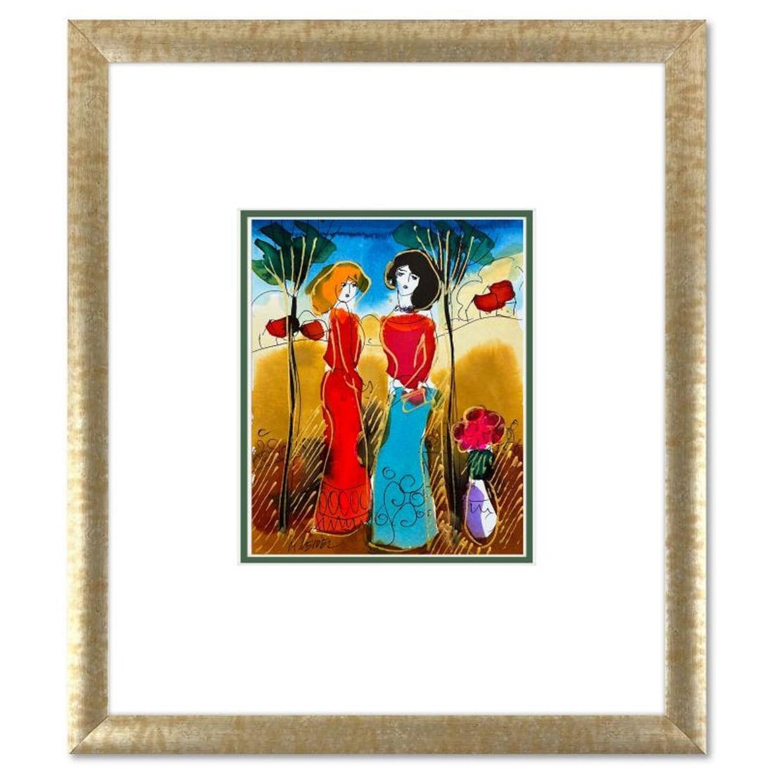 Moshe Leider, Framed Original Mixed Media Watercolor Painting, Hand Signed with Letter of: This is an original mixed media watercolor painting on paper by Moshe Leider. Hand signed by the artist, this piece comes custom framed and includes a Letter of Authenticity. Measures approximately 15